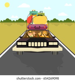 Happy family go on vacation by car with all their baggage. Vector illustration in flat style design. Cartoon people characters driving car on a road. Parents and kids on holiday