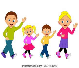 Happy family go, smiling and waving  their hands up, illustration, vector