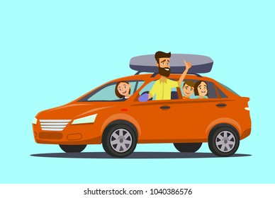 Happy family goes by car on vacation. Father, mother, son, daughter and dog go on a trip. Vector illustration in a flat style