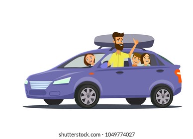 Happy family goes by car on vacation. Father, mother, son, daughter and dog go on a trip. Vector illustration in a flat style