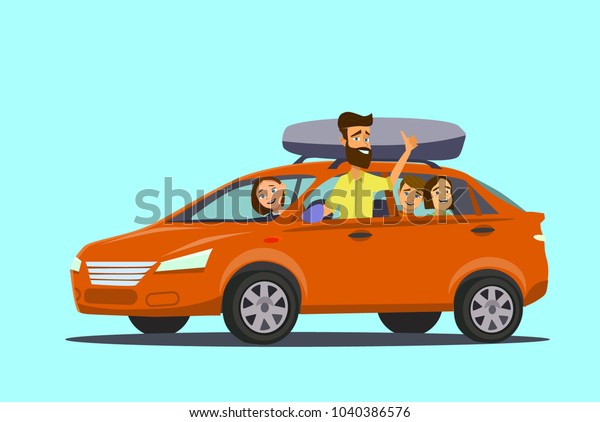 Happy family goes by car on vacation. Father,
mother, son, daughter and dog go on a trip. Vector illustration in
a flat style