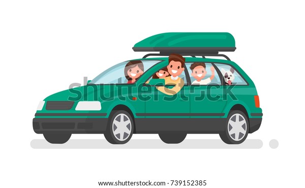 Happy family goes by car on vacation. Father,\
mother, son, daughter and dog go on a trip. Vector illustration in\
a flat style