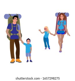 Happy family goes camping. A smiling dad is holding a son, mom deorgit daughter. people with backpacks go camping. Cute cartoon characters isolated on white background. fathers day