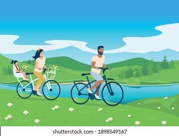 Happy family goes for a drive on bicycles in the country. Family time. Family day background vector illustration.