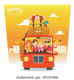happy family goes on holiday by car. Summer vacation.