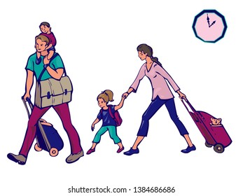 A happy family goes on vacation, on a trip with children and luggage. Flat cartoon vector illustration