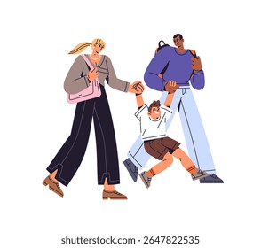 Família feliz vai à escola juntos. Pais e filhos de mãos dadas, divirtam-se. Mãe e pai levam o filho para a aula, levam o aluno para a aula. Ilustração de vetor isolado plano sobre fundo branco