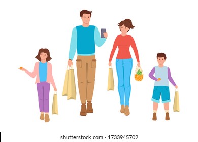 Happy family goes shopping flat cartoon people. Grocery bags, food packages. Smiling people father using smartphone. Mother and children casual clothes. Vector illustration isolated on a white