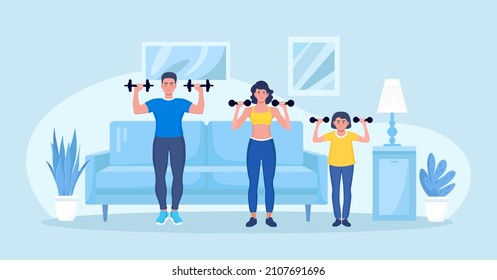 Happy family goes in for sports at home in the living room interior. Mother, father and child doing workout. Parents and kid doing lifting weight. Sport Activity. Vector illustration