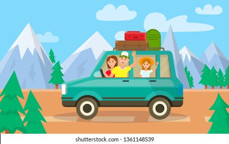 Happy Family Going by Car with Luggage on Roof at Colorful Nature Landscape Background with Mountains, Pine Trees and Blue Cloudy Sky. Parents and Daughter Traveling. Cartoon Flat Vector Illustration.