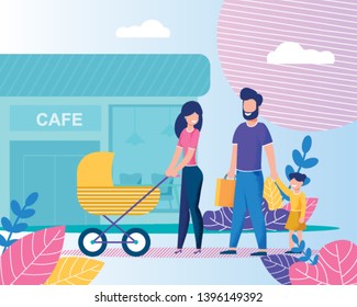 Happy Family Going to Cafe after Walking Outside. Smiling Mother Carrying Stroller with Infant, Father Holding Daughters Hand and Paper Bag. Flat Vector Illustration with Plants Leaves on Backdrop