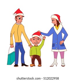 Happy family going Christmas shopping together with Santa Claus hats and holding bags