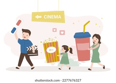 Happy family going in cinema to watching movie. People with stereo glasses want watching 3d movie. Cute characters with popcorn and drinks. Weekend, entertainment time together, pastime. flat vector