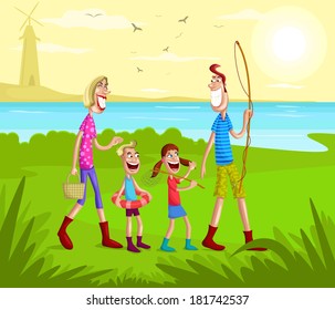 Happy family going for fishing in lake near park