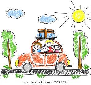 happy family going on holiday by car