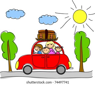 happy family going on holiday by car