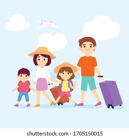 Happy family is going on the summer vacation. Vector illustration of a flat design