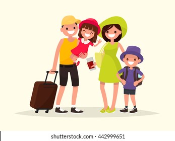 Happy family is going on the summer vacation. Vector illustration of a flat design