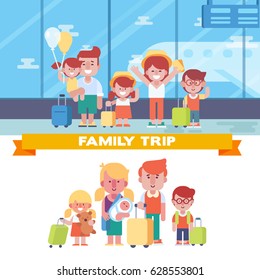 Happy family is going on the summer vacation. Parents with kids waiting for the flight in airport. Vector illustration of a flat design.