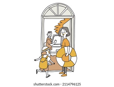 Happy family going on a trip Comical handwritten person Vector, simple coloring of line drawing