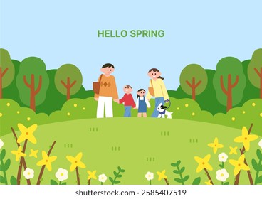 Happy family is going for a picnic on spring day. Nature and Forsythia illustration. Cartoon style vector illustration poster. 