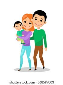 Happy family going for a walk. Mom, dad and baby. Woman with son in her arms. Vector illustration.