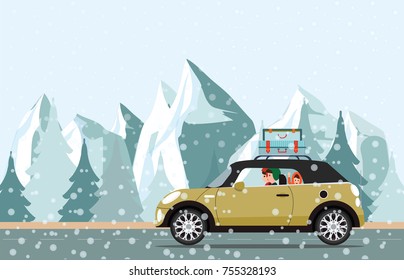 Happy family going to a winter traveling through  snowy, snow mountain and Christmas tree landscape. winter holiday trip flat design vector illustration.