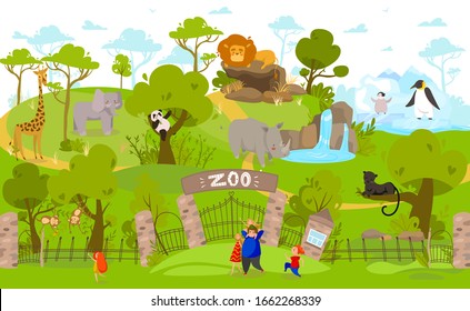Happy Family Going To Zoo, Exotic Animals Cartoon Characters, Vector Illustration. Parents And Children Together At Zoo Entrance, Cute Lion, Panda, Giraffe And Penguins. Family People Enjoy Weekend