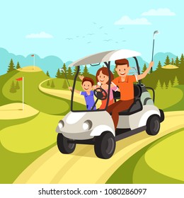 Happy Family with Golf Clubs goes by Golf Car on Golf Course. Family leisure. Vector illustration.