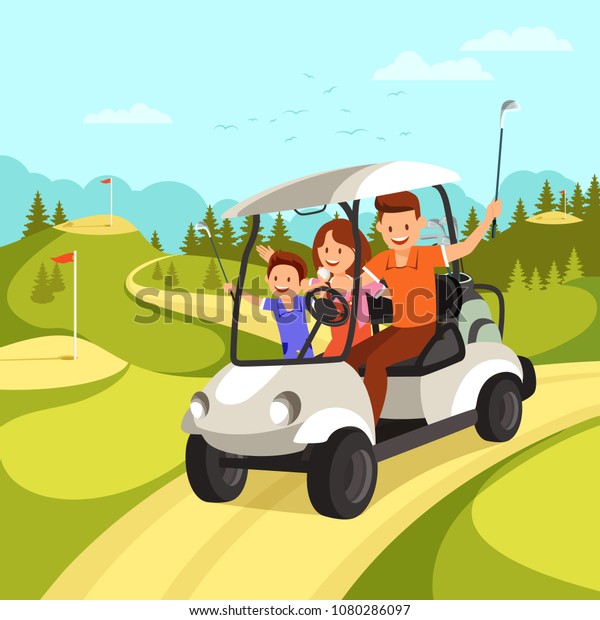 Happy Family with Golf\
Clubs goes by Golf Car on Golf Course. Family leisure. Vector\
illustration.