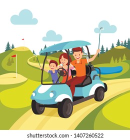 Happy Family with Golf Clubs Ride Blue Golf Cart at Green Playing Course. Mother, Father and Son Passing Time Together on Weekend or Summer Vacation, Activity, Leisure Cartoon Flat Vector Illustration