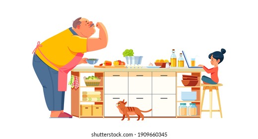 Happy family grandfather and granddaughter child cook in the kitchen. Child using laptop while preparing. Senior funny elder man happy at home. People activity in family. Cartoon vector illustration.