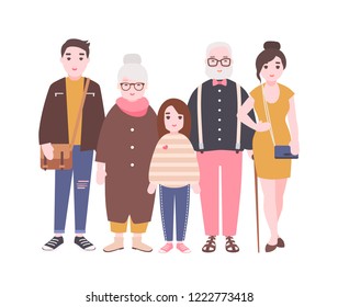 Happy family with grandfather, grandmother, father, mother and child girl standing together. Cute funny cartoon characters isolated on white background. Colorful vector illustration in flat style.