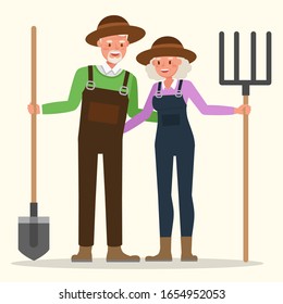 Happy family grandfather and grandmother gardening together character vector design.