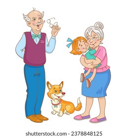 Happy family. Grandmother, grandfather with little granddaughter and funny pet corgi. In cartoon style. Isolated on white background. Vector illustration