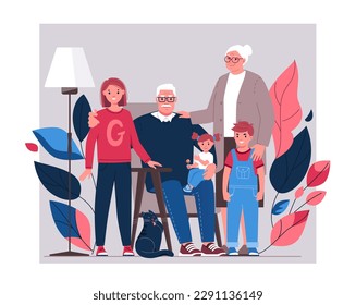 Happy family grandmother, grandfather and many grandchildren, grandson and granddaughters. Flat characters vector illustration.