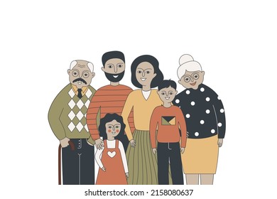 Happy family with grandmother, grandfather, mother, father, daughter and son. Doodle vector illustration isolated on a white background.