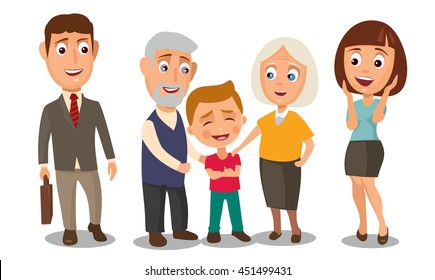 Happy family. Grandmother and grandfather. Surprised woman face with open mouth and businessman holding a briefcase and smiling. Color vector illustration isolated on white background.