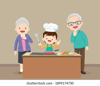 happy family with Grandparent and grandchild cooking in kitchen