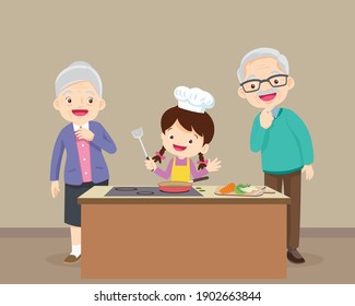 Happy Family With Grandparent And Grandchild Cooking In Kitchen