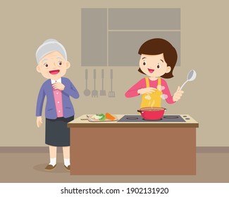 happy family with Grandparent and mother cooking in kitchen,Elderly looking woman cooking 