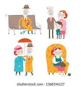 Happy family. Grandparents. Graphic set. Vector illustration isolated on a white background.