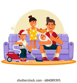 Happy family. Great father spend time with children. Vector illustration