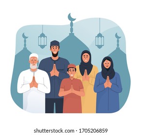 Happy family greeting and celebrating eid mubarak. Eid al-fitr flat cartoon character illustration