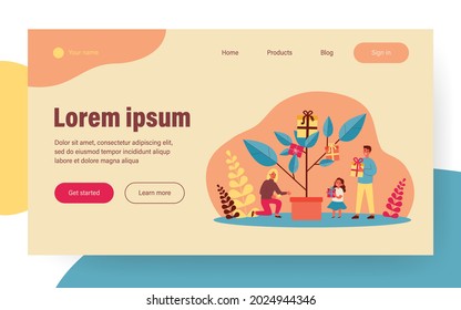Happy family growing tree with gifts. Potted plant, present boxes, parents and kid flat vector illustration. Investment, holiday, celebration concept for banner, website design or landing web page