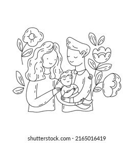 Happy family hand drawn style doodle outline illustration vector. Young family holding their a little baby in their arms isolated on white background. Black and white drawing.