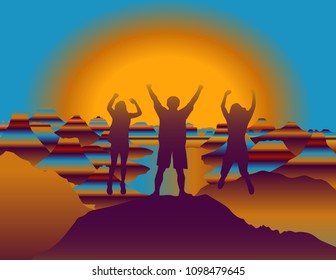 Happy family with hands up jumping and having fun on the top of mountain  Vector and raster format of illustration available . Grand Canyon National Park, Arizona, USA.