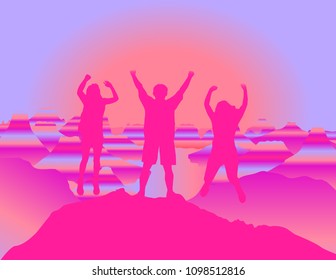 
Happy family with hands up jumping and having fun on the top of mountain  Vector and raster format of illustration available . Grand Canyon National Park, Arizona, USA.