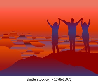 Happy family with hands up jumping and having fun on the top of mountain at sunset.  Vector and raster format of illustration available . Grand Canyon National Park, Arizona, USA.