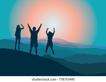 Happy family with hands up jumping and having fun on the top of mountain  Vector illustration. Blue Ridge Mountains, North Carolina, USA.